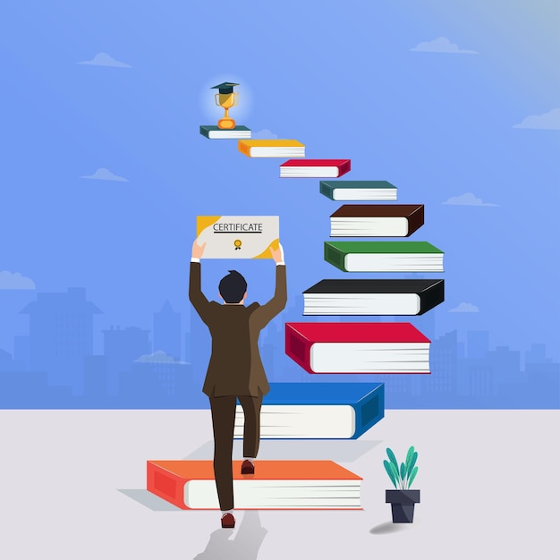 Man going up book stairs with holding certificate Graduated and successful concept vector