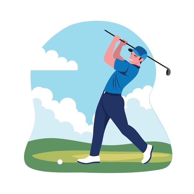 Man Golfer Speler Karakter Spelen van Golf Sport op het veld in heldere lucht