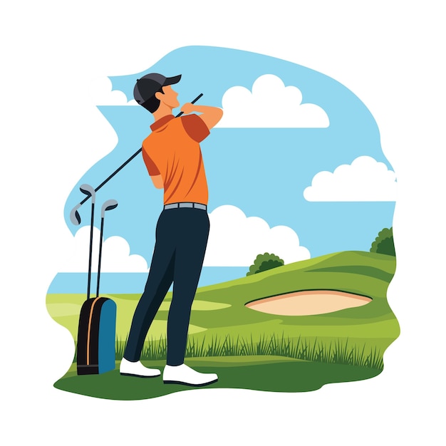 Man Golfer Speler Karakter Spelen van Golf Sport op het veld in heldere lucht