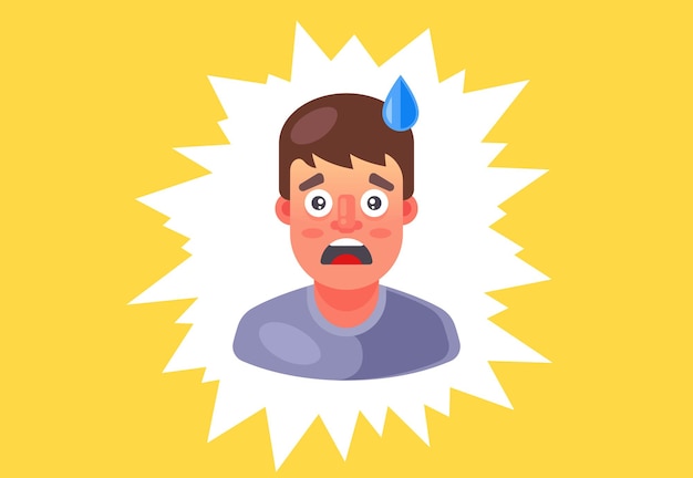 The man got scared and sweat runs down his forehead. emotion of\
surprise. flat vector illustration.