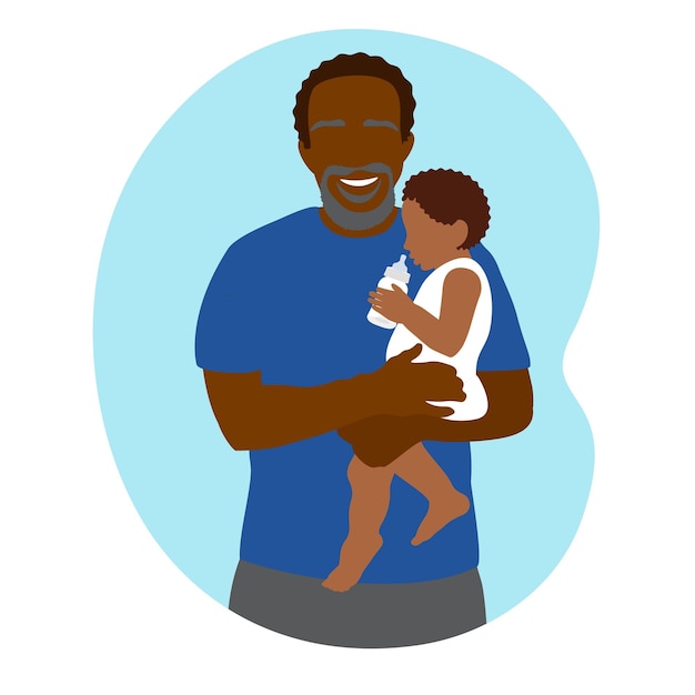 Vector man grandfather feeding the baby from a bottle with milk. child care. father's day