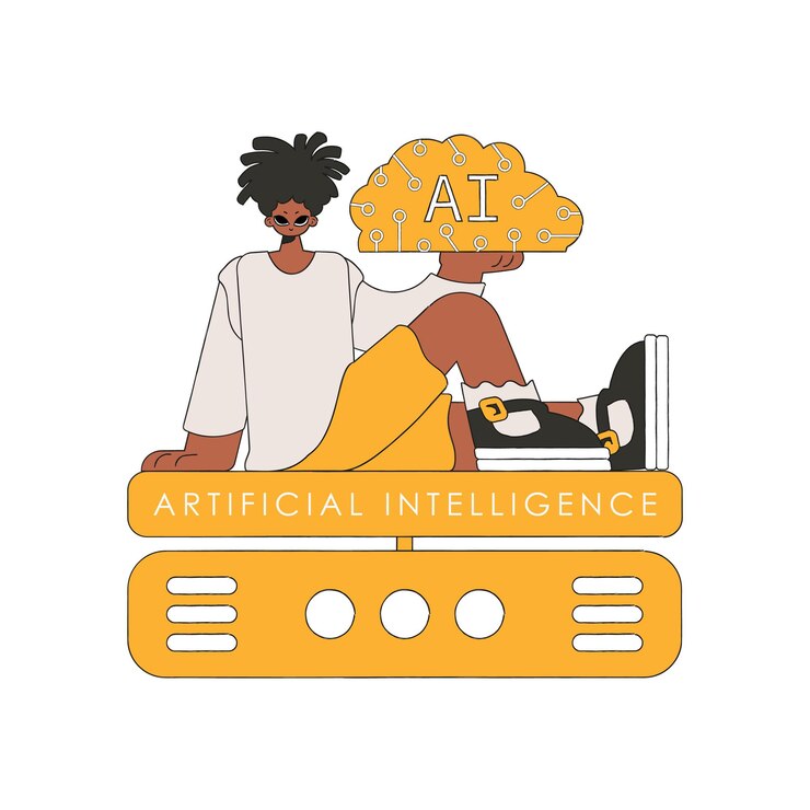 Vector man grasping an ai brain, vector art.