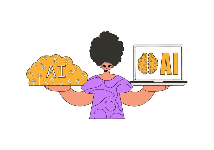 Vector man grasping a robotic brain, vector image.