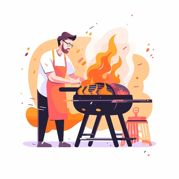 A man grilling juicy steaks on a barbecue with the flames and smoke vector illustration