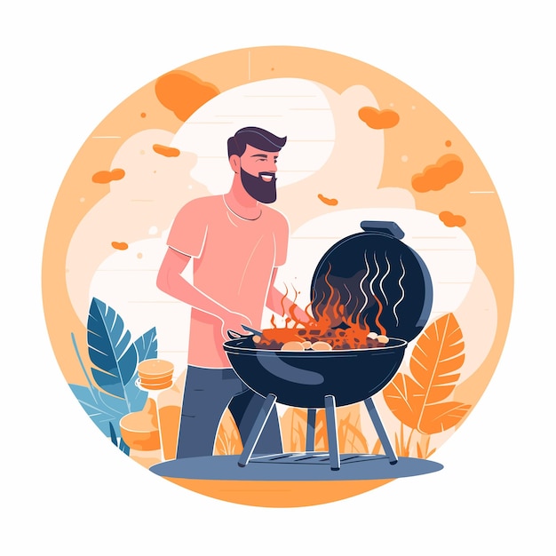 Vettore un uomo che griglia succose bistecche su un barbecue con le fiamme e il fumo illustrazione vettoriale