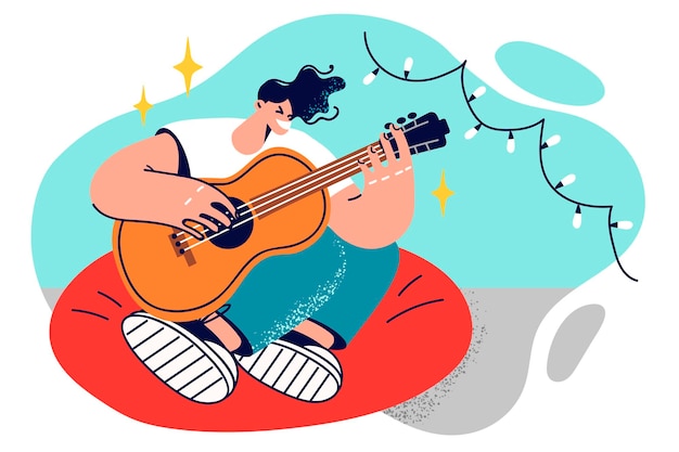 Vector man guitarist sits in chair with legs folded and plays guitar inventing own music