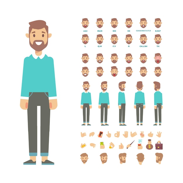 Vector man guy for animation with various hairstyles and gestures front side back view vector