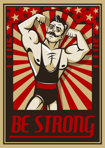 Vector man gym poster retro strongman character sport workout advertisement muscular guy with moustache bodybuilder banner vintage style circus athlete carnival party vector concept