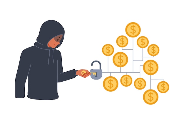 Man hackt crypto kluis met geld om fondsen te stelen uit blockchain portemonnee met gouden munten