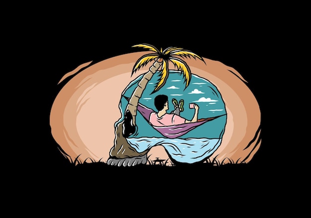 Man on hammock in skull shape illustration