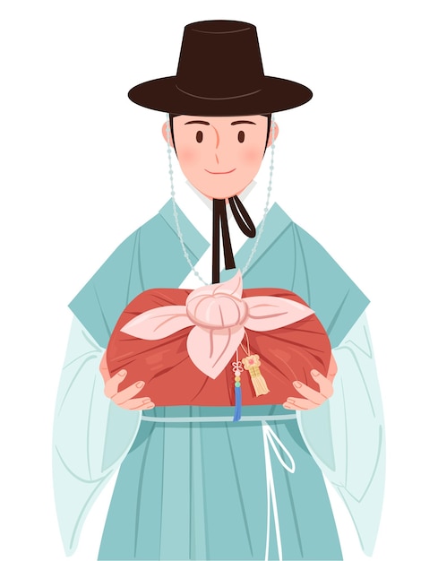 A man in a hanbok holds a gift bag and smiles