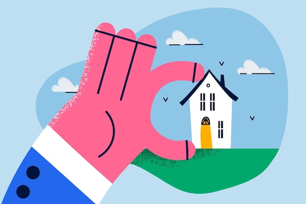 Man hand hold tiny house in hands recommend real estate agency good quality services. Relator or broker sell cottage or home to customer. Rent, realty concept. Flat vector illustration.