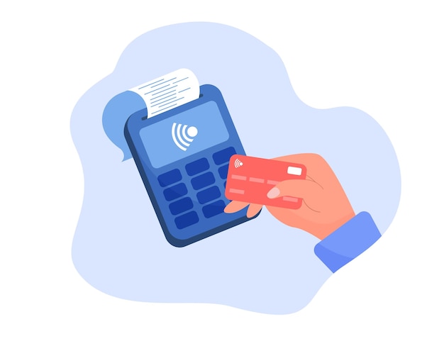 Vector man hand holding debit or credit card payment. paying on contactless terminal. digital transaction