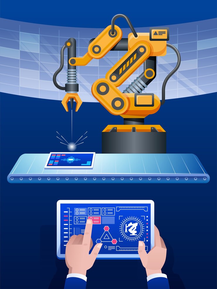 Vector man hand holding tablet and yellow tone of automate wireless robot arm in smart factory background