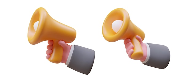 Man hand holds yellow horn speaker Set of volumetric icons