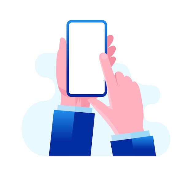 Man hand met mobiele telefoon, mobiel met leeg wit scherm. platte vectorillustratie