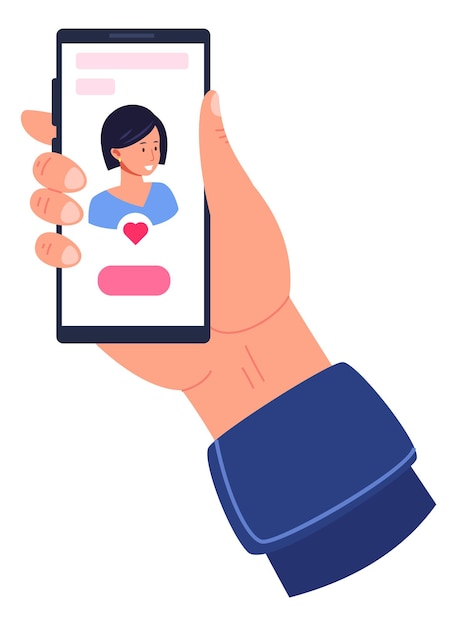Man hand met telefoon met geliefd vrouwelijk profiel op dating app geïsoleerd op witte achtergrond