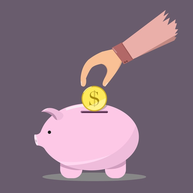 Man hand putting a coin in a piggy bank isolated on blue background. Economy and business concept