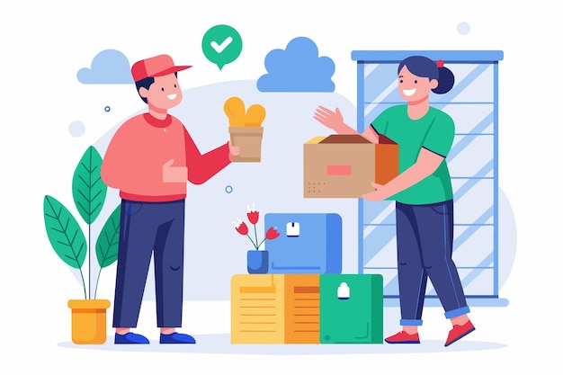 A man handing a woman a box filled with food items Receive goods from the delivery service trending Simple and minimalist flat Vector Illustration