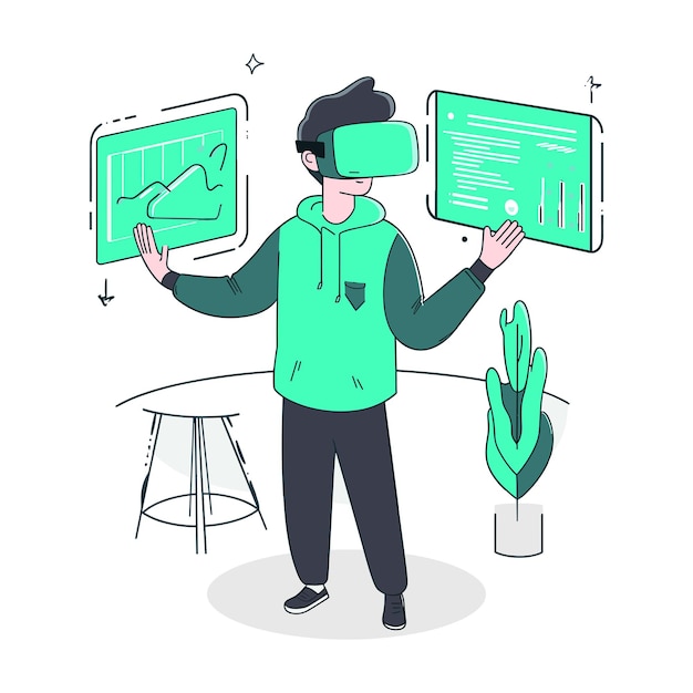 A man handling virtual screens using AR headset vector illustration