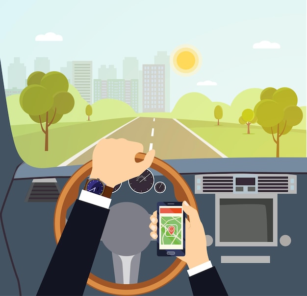 man hands of a driver on steering wheel of a car. vector flat illustration