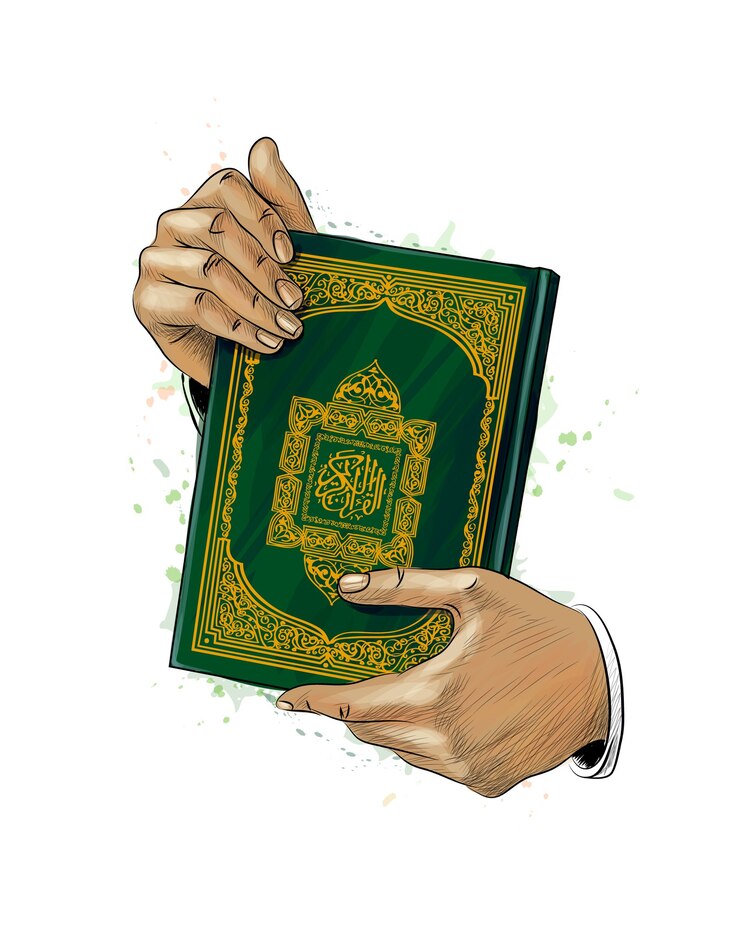 Vector man hands holds holy book of koran from splash of watercolors. muslim holiday, eid mubarak, ramadan kareem. hand drawn sketch.  illustration of paints