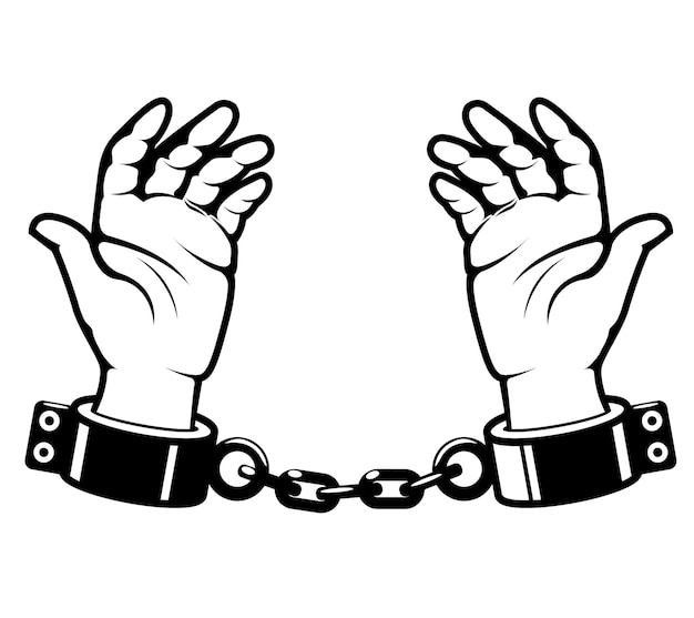 Man hands with shackles on wrists slave handcuffed prisoner fetter encumbrance or debt concept vector