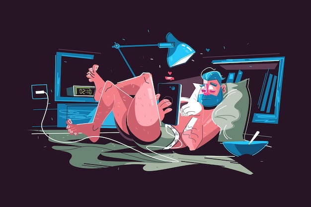 Человек висит в Интернете векторные иллюстрации. Усталый бородатый парень, лежащий в постели и использующий современный гаджет в ночном плоском дизайне
