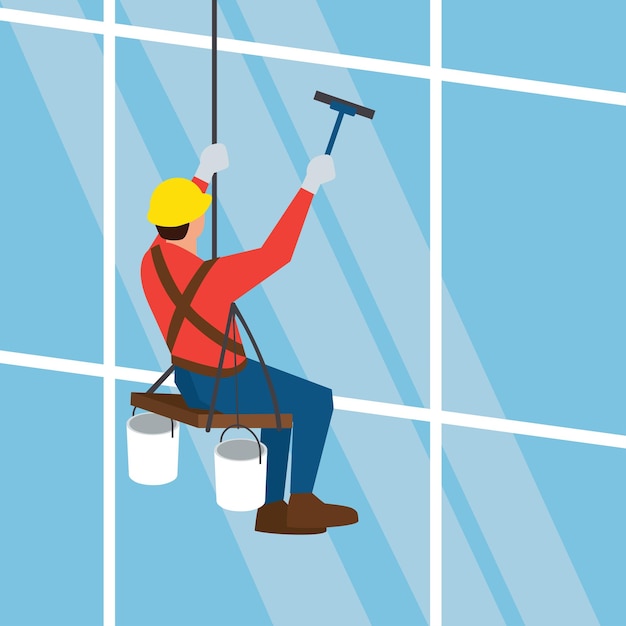 Vector a man hanging on a window with a squeegee and a helmet on his head