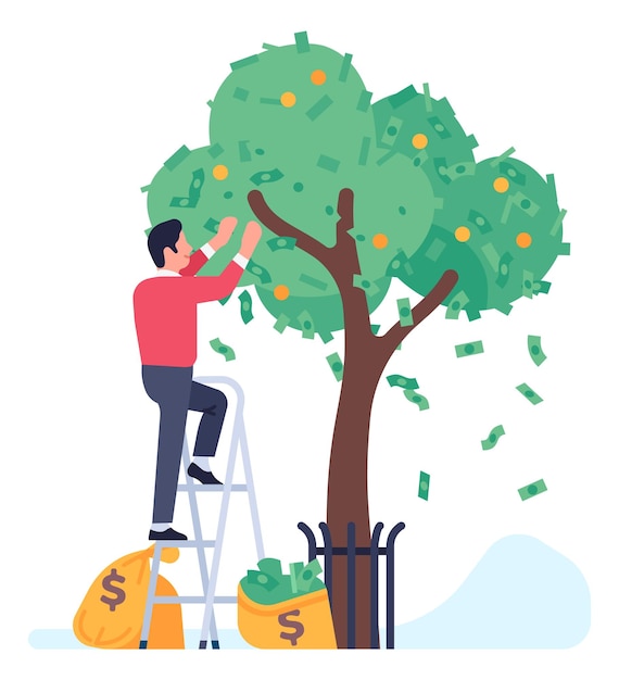 벡터 녹색 나무에서 달러 지폐를 수확하는 남자. 흰색 배경에 고립 된 돈 개념 만들기