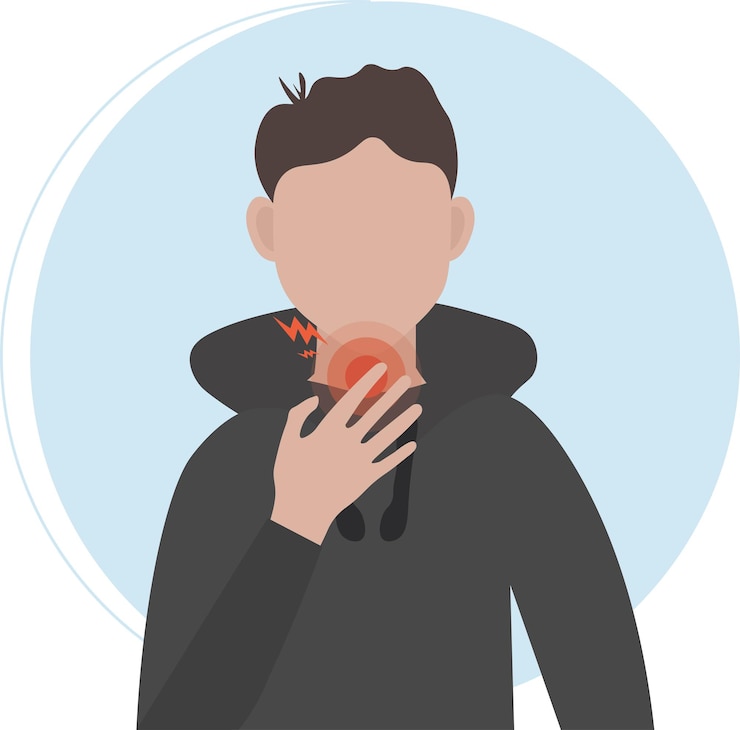 वेक्टर man has an itchy throat man touching his throat and having pain man in a black hoodie with a pain