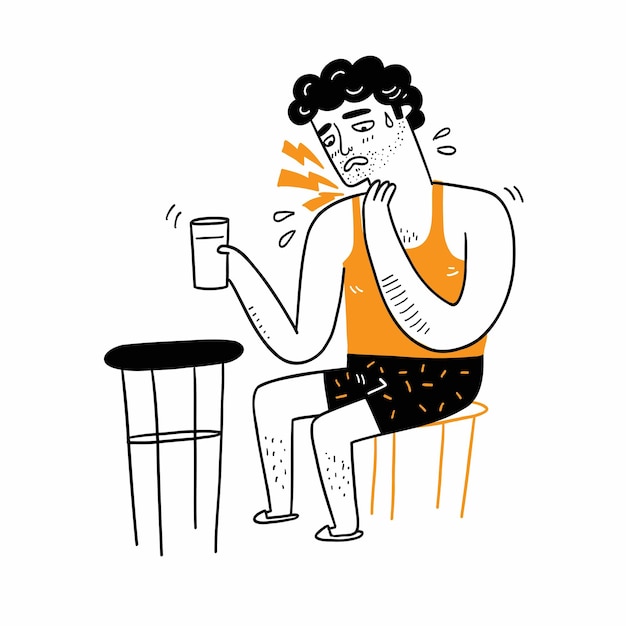 a man has sleep problems congenital disease has a sore throat in the morning hand drawn vector illustration doodle style