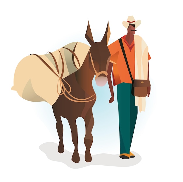 Vector a man in a hat holds a donkey's bridle