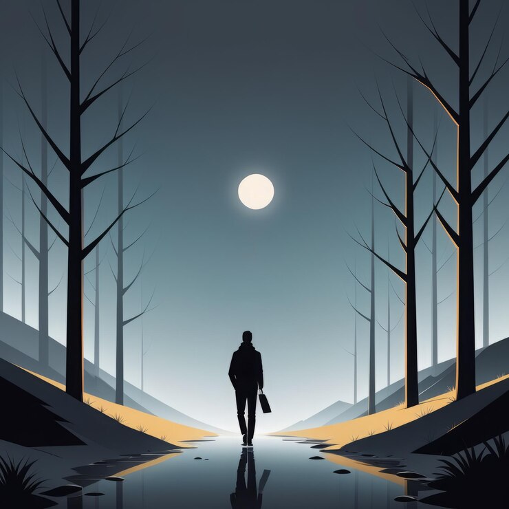 Vector a man in a hat walking through an autumn forest at night vector illustration a man in a hat w