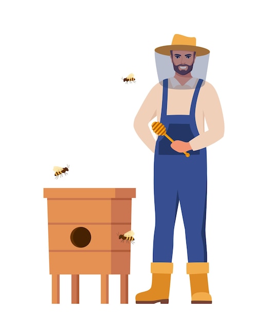 man in hat with protective fine mesh holds a wooden deeper honey bee