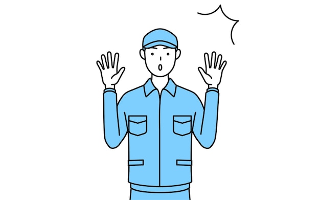 Man in hat and work clothes raising his hand in surprise