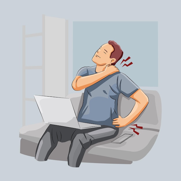 Vector man having back pain overwork hours using laptop