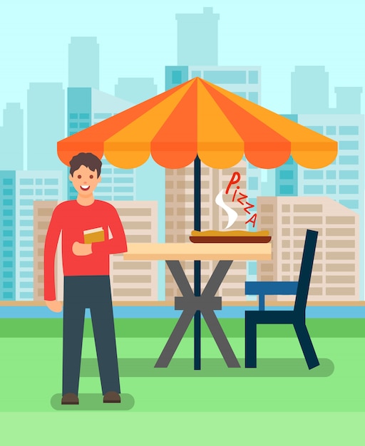 Man having lunch in pizzeria vector illustration