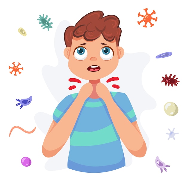 Человек с болью в горле, симптомом гриппа, изолированной иллюстрацией шаржа Парень с болью в горле страдает от боли