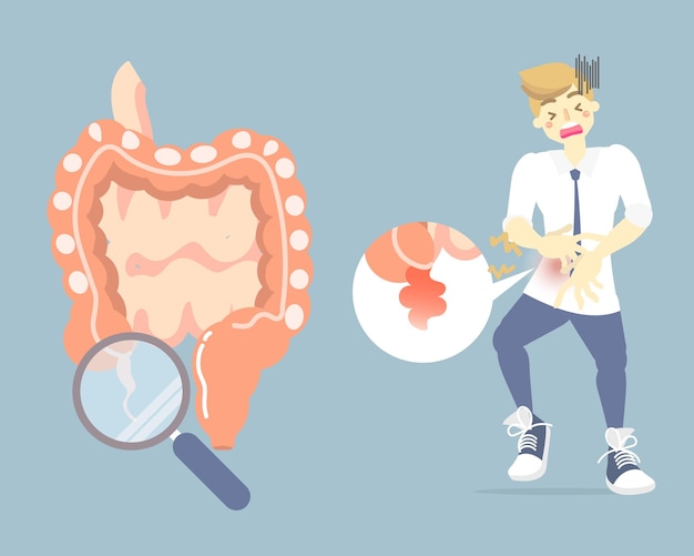 Man having stomachache symptoms of appendicitis with large small intestine and appendix