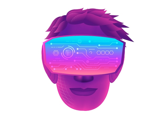 a man head use vr virtual reality goggle and white background
