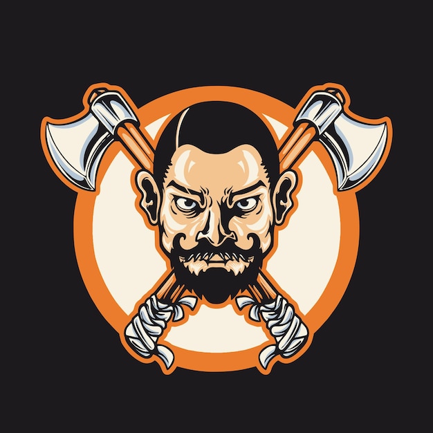 Man head with cross axe retro vector illustration