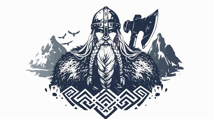 Vector 산의 배경을 가진 헬과 방패를 입은 남자