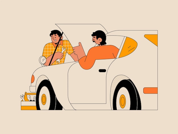 Vector man helping his father to repair the car hand drawn vector illustration for family activity