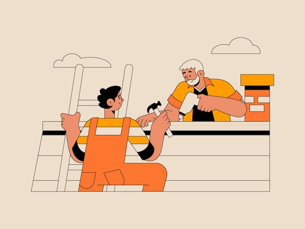 Man helping his father to repair the roof hand drawn vector illustration for family activity