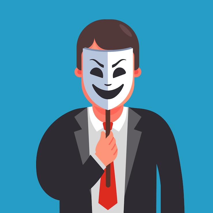 Vector a man hides his identity under a smiling mask. flat character   illustration.