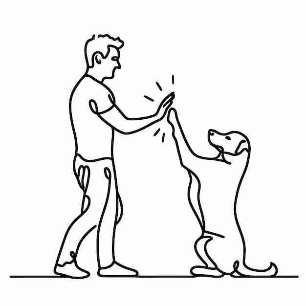 Man highfiving hond in continue lijn kunst tekening stijl huisdier en mensen vriendschap Zwarte lineaire sk