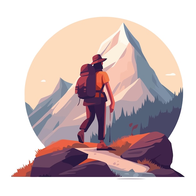 Vector man hiker with backpack mountain peak adventure