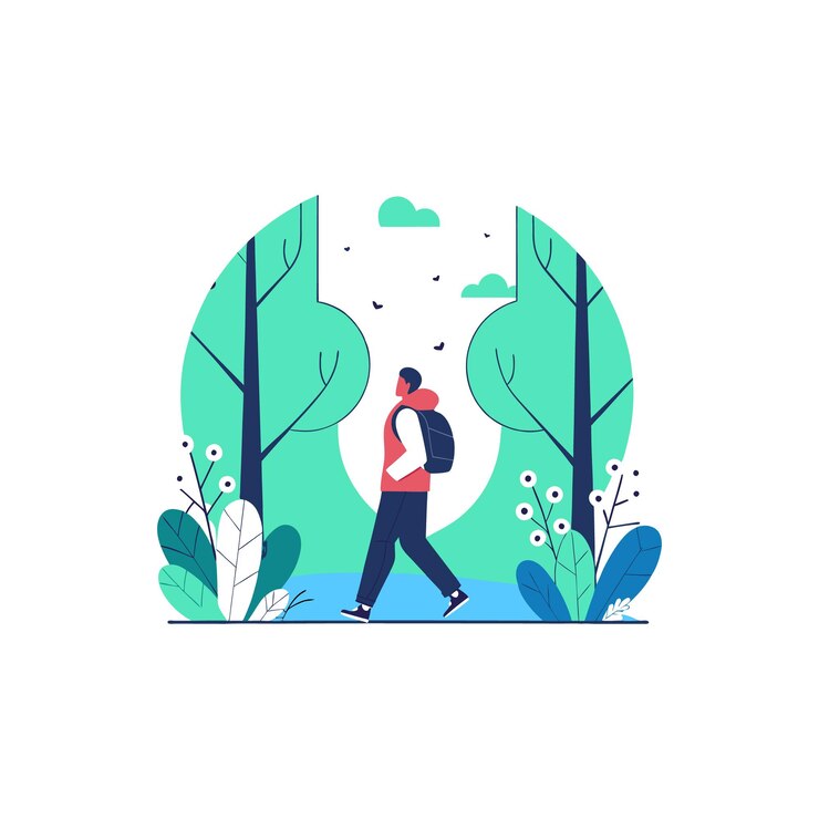 Vector man hiking through a peaceful forest landscape