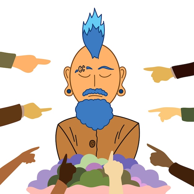 Man hipster with piercing, mohawk is surrounded by people who point a finger at him from all sides